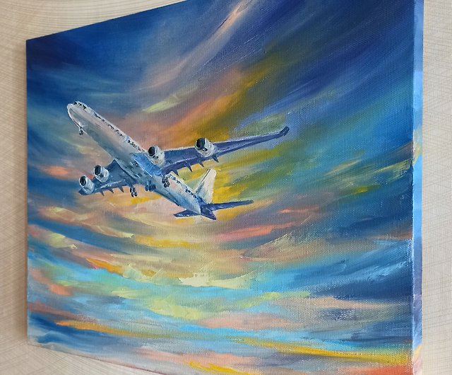 飛行機の絵画航空キャンバス油絵雲オリジナルアートスカイウォール