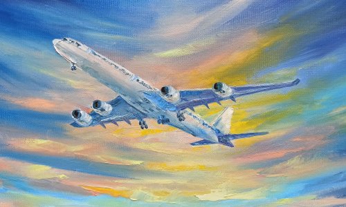 飛行機の絵画航空キャンバス油絵雲オリジナルアートスカイ