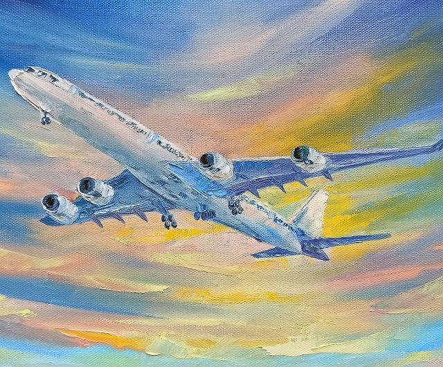 飛行機の絵画航空キャンバス油絵雲オリジナルアートスカイウォール