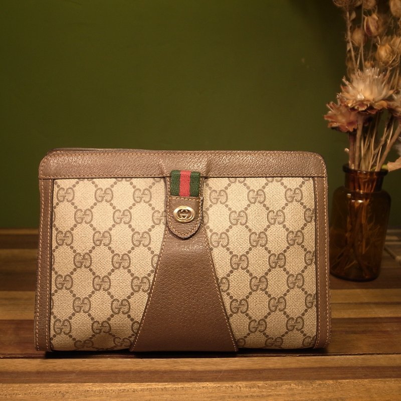 Old bone GUCCI classic three-color woven clutch VINTAGE - Clutch Bags - Waterproof Material Brown
