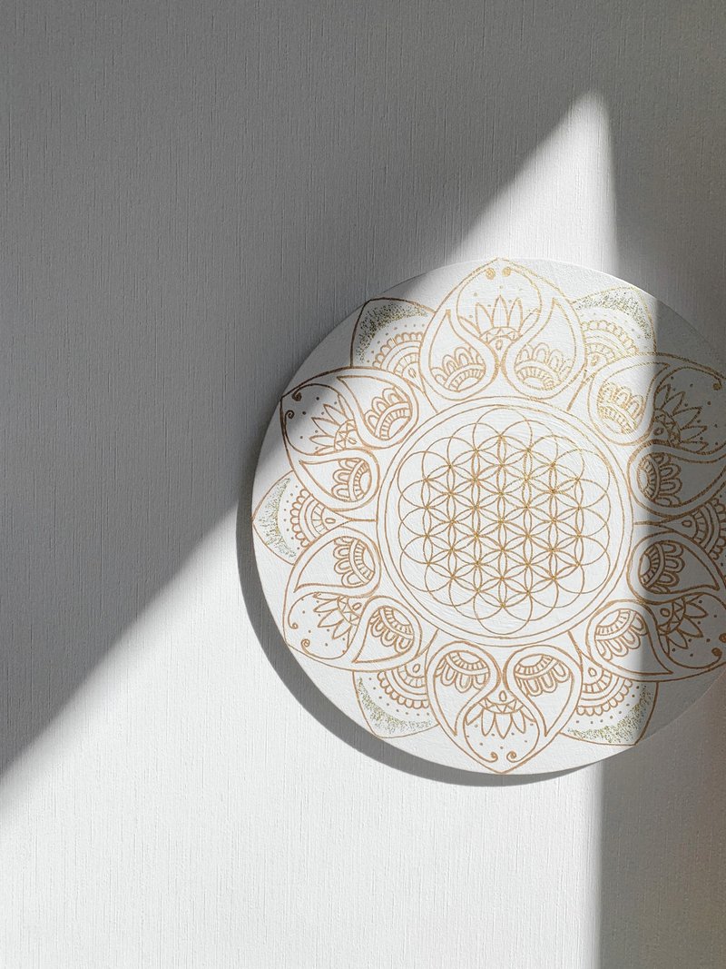 Golden mandala Flower of Life Sacred geometry painting Esoteric meditation art - ตกแต่งผนัง - อะคริลิค ขาว
