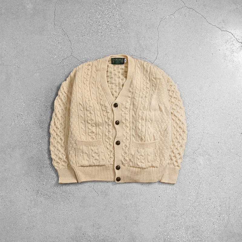 愛爾蘭開襟漁夫毛衣 / 古著毛衣、漁夫毛衣、開襟毛衣、復古毛衣 - 女毛衣/針織衫 - 羊毛 白色