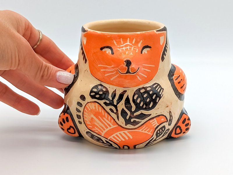 陶器のキツネのかわいい13オンスかわいいマグカップハンドルなし陶器のマグカップセラミックカップ手作り - マグカップ - 陶器 オレンジ