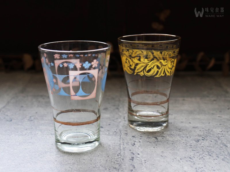 早期印花酒杯－春日昭和&黃葉雷紋 (舊物/老件/玻璃/圖花/傘狀) - 酒杯/酒器 - 玻璃 多色