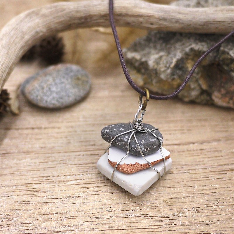 UPCYCLING Eco natural stone, sea glass, necklace- white, brown, grey - สร้อยติดคอ - หิน สีกากี