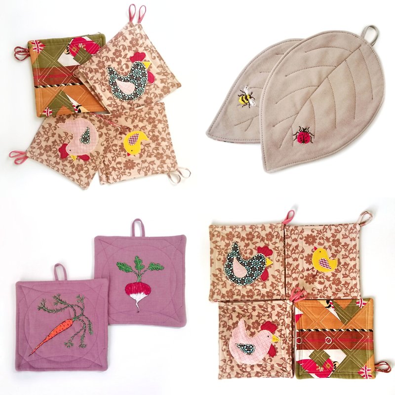 Handcrafted Quilted Pot Holder Set with Embroidered Potholders and Oven Mitts. - 其他 - 棉．麻 