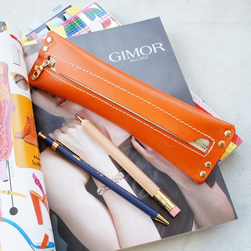 遮唇小容量隨身筆盒/筆袋--經典橘 手工製作/真皮皮革 - 鉛筆盒/筆袋 - 真皮 橘色