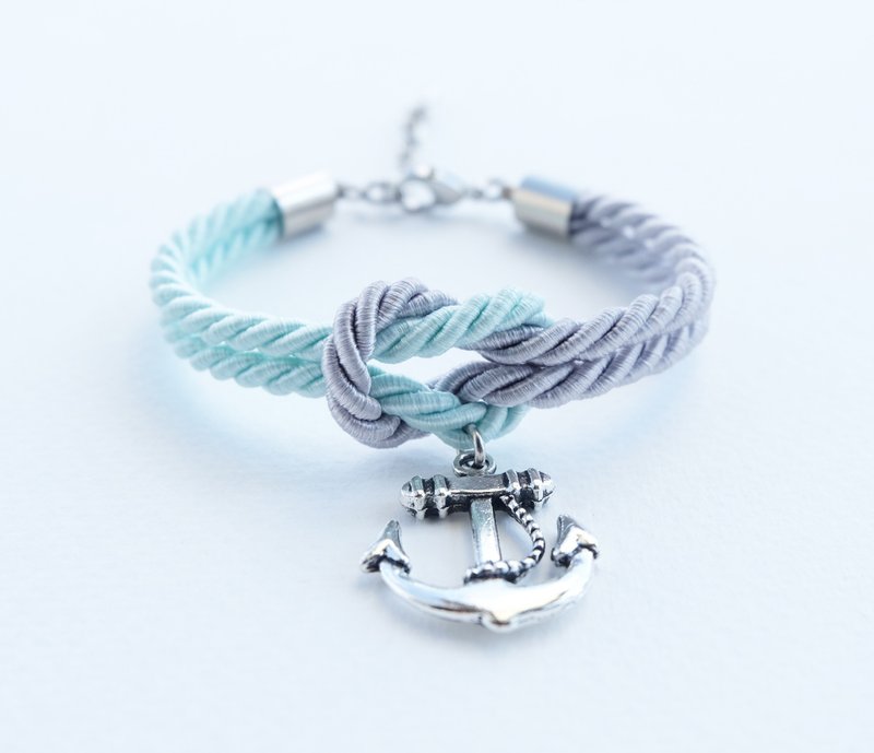 Light gray/Light mint knot rope bracelet with anchor charm - 手鍊/手環 - 其他材質 綠色