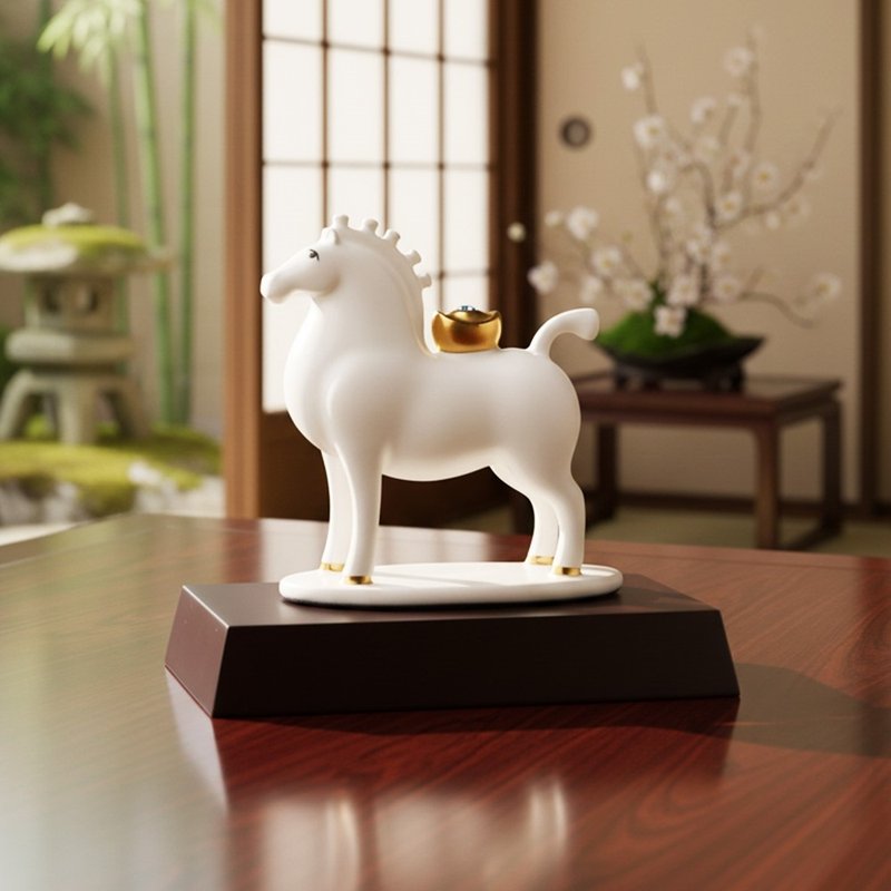 吉星馬上有財擺飾 / 小 / 牙白鎏金 (含木座) - 擺飾/家飾品 - 瓷 白色