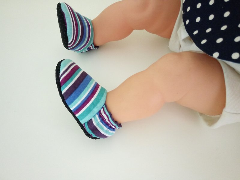 藍系線條 手工嬰兒鞋 寶寶鞋 鞋長11 - 童裝鞋 - 棉．麻 藍色