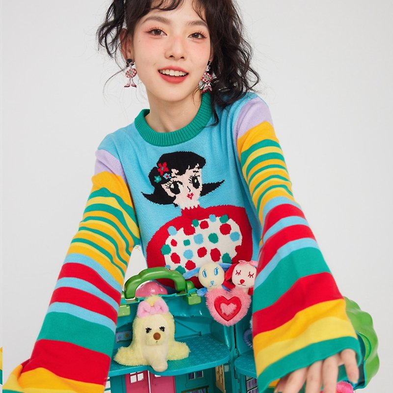Rainbow Retro Striped Beautiful Girl Polka Dot Wool Knit Sweater Flared Sleeves - เสื้อผู้หญิง - วัสดุอื่นๆ หลากหลายสี