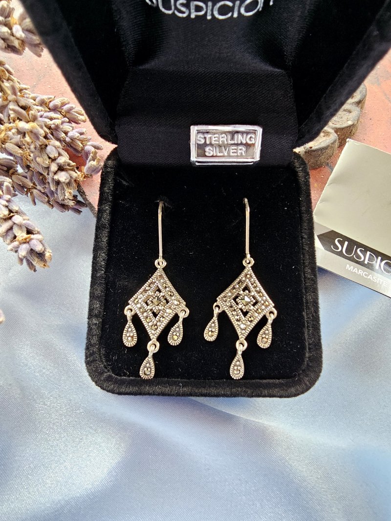 925純銀密鑲菱形白鐵礦水滴吊墜針式耳環/珠寶首飾/Jewelry - 耳環/耳夾/耳骨夾 - 純銀 