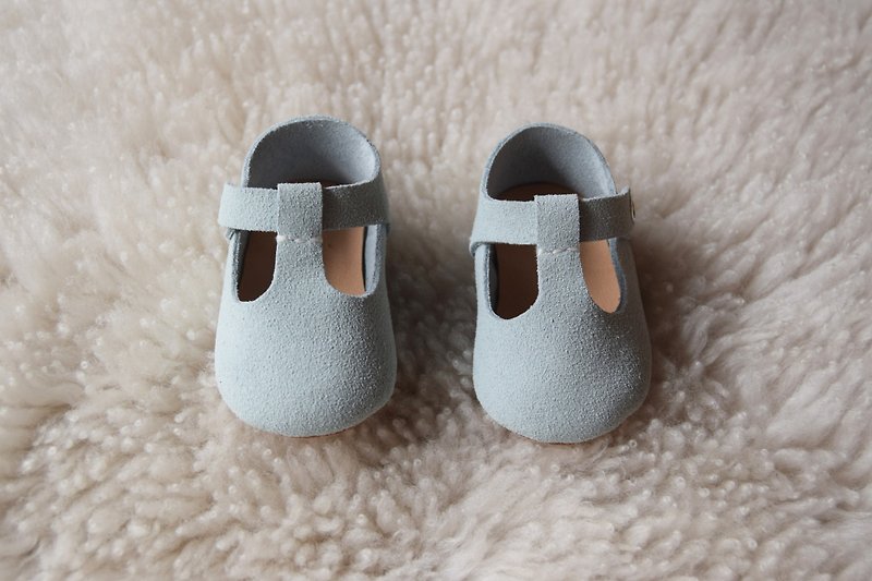 Light blue T-shaped leather Mary Jane baby shoes pink handmade baby shoes beauty gift light blue hand learning shoes - Kids' Shoes - Genuine Leather Blue