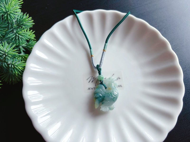 天然緬甸玉 翡翠 飄花帶黃翡雞 心想事成 人丁興旺 項鍊 禮物 - 手機掛繩/背帶 - 玉石 綠色