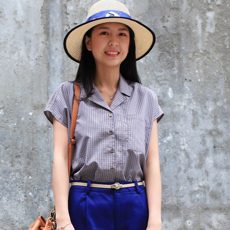 GT藍米格紋復古領短袖襯衫 - 女襯衫 - 棉．麻 紫色