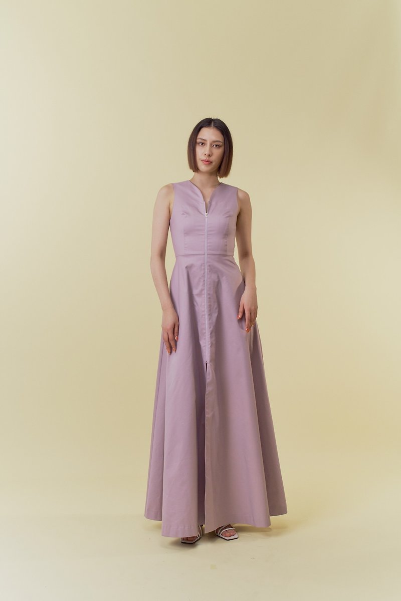 Light Purple Front Zipper Long Dress - ชุดเดรส - ผ้าฝ้าย/ผ้าลินิน ขาว