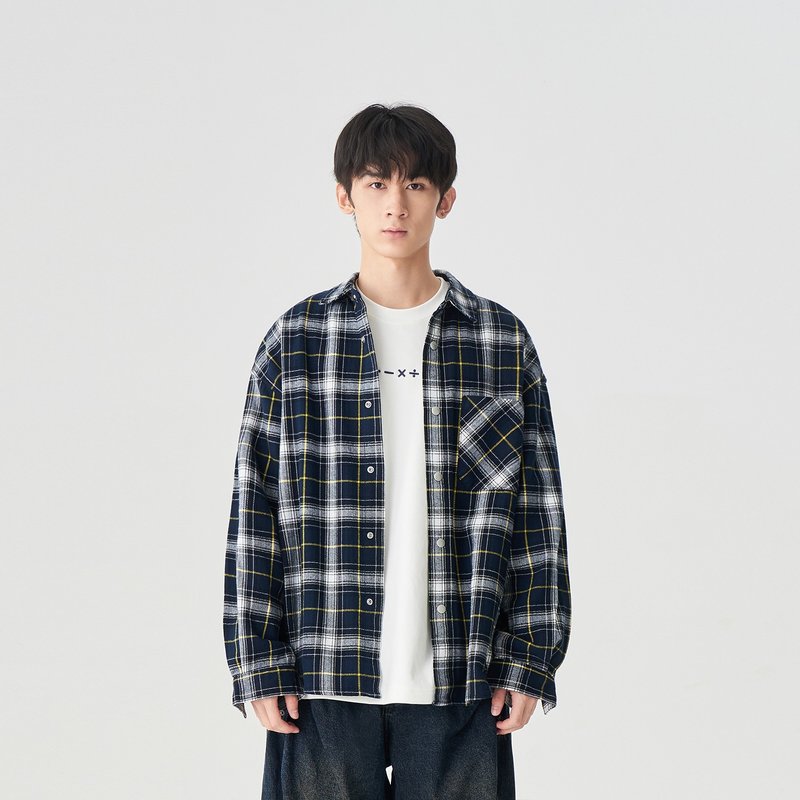 TopBasics 海軍藍格紋襯衫 - 男襯衫/休閒襯衫 - 棉．麻 藍色