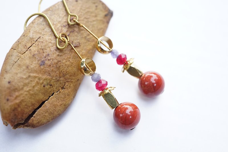 Red full - Bronze earrings (Tanzanite / India Ruby / red jasper) - ต่างหู - เครื่องประดับพลอย สีแดง