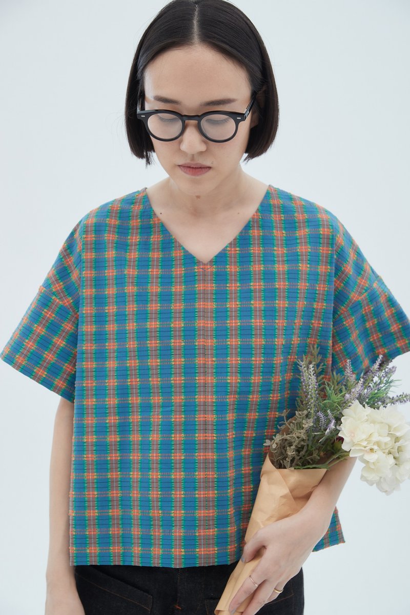 藍綠格子上衣 - 女上衣/長袖上衣 - 其他材質 藍色