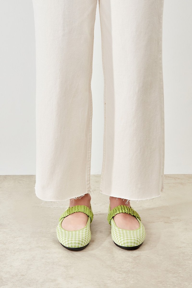 夏日洋裝平底鞋 檸檬綠格紋 - 娃娃鞋/平底鞋 - 聚酯纖維 綠色