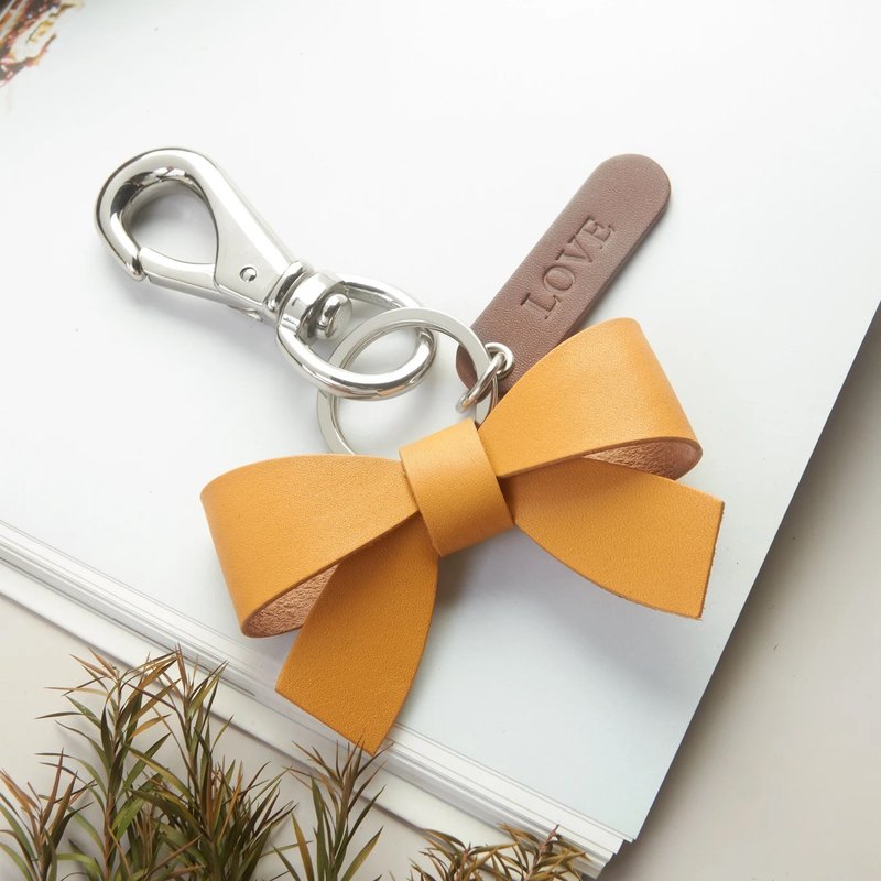 Heavy Duty Leather Bow Keychain |  Leather Bow Bag Charm Keychain - Keychains - Genuine Leather Brown