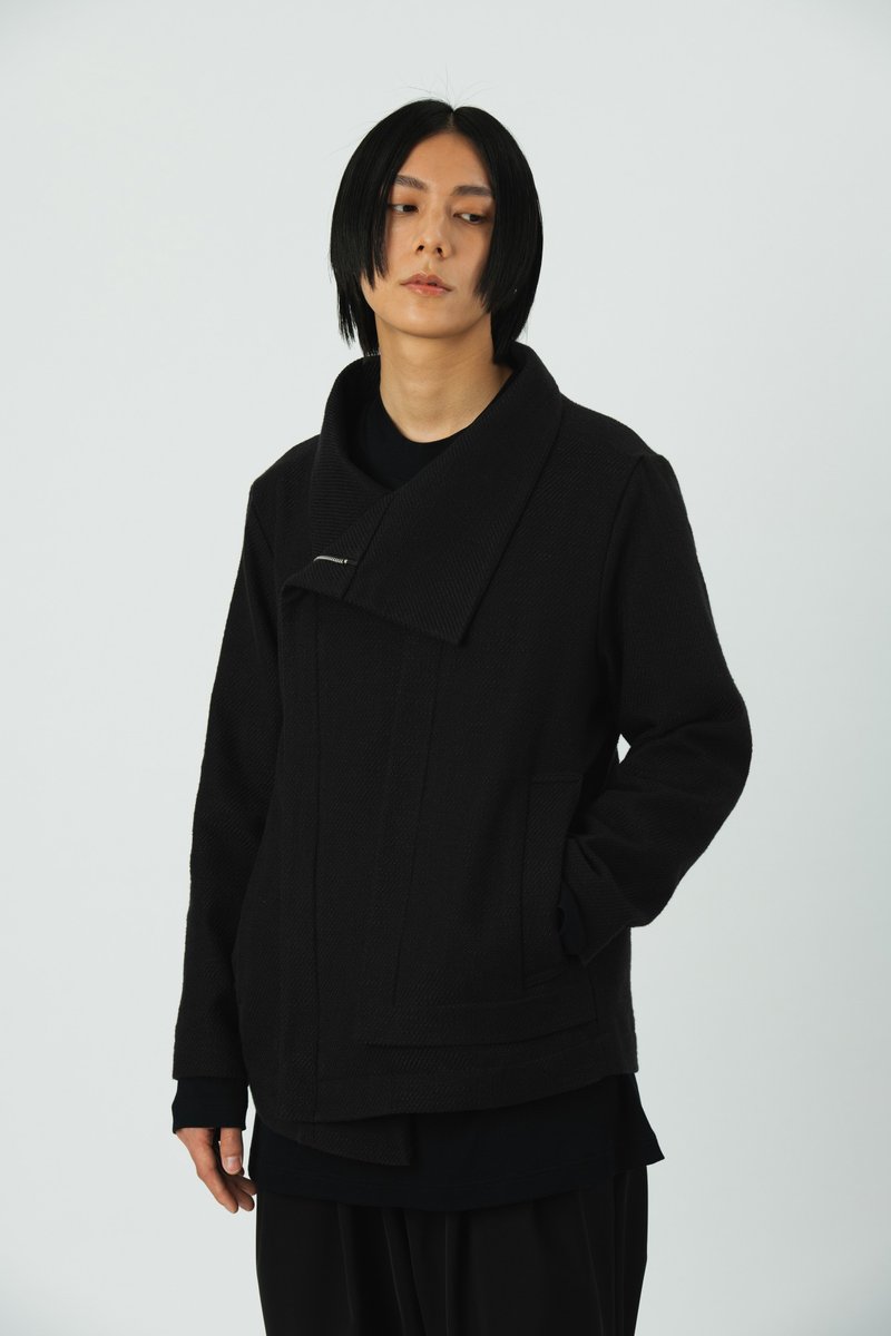 粗織紋翻領外套 - 男夾克/外套 - 棉．麻 黑色