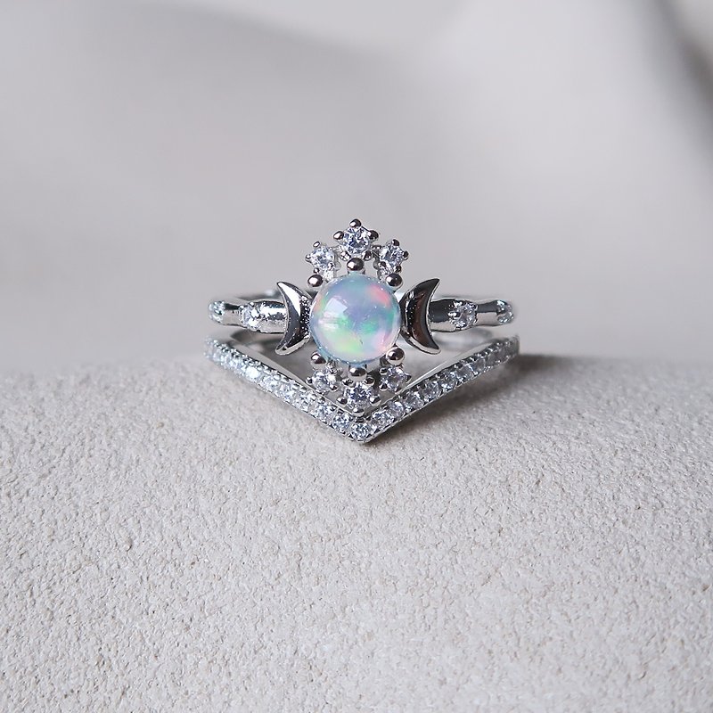 / Song of the Sun/ Double Ring Opal Opal 925 Sterling Silver Handmade Natural Stone Ring - แหวนทั่วไป - เงินแท้ สีน้ำเงิน