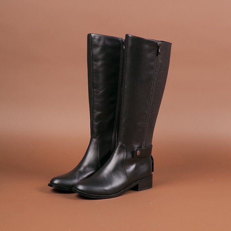 [Multi] soul side zipper boots _ black leather clothes (black snake pattern + blue flannel) - รองเท้าบูทสั้นผู้หญิง - หนังแท้ สีดำ