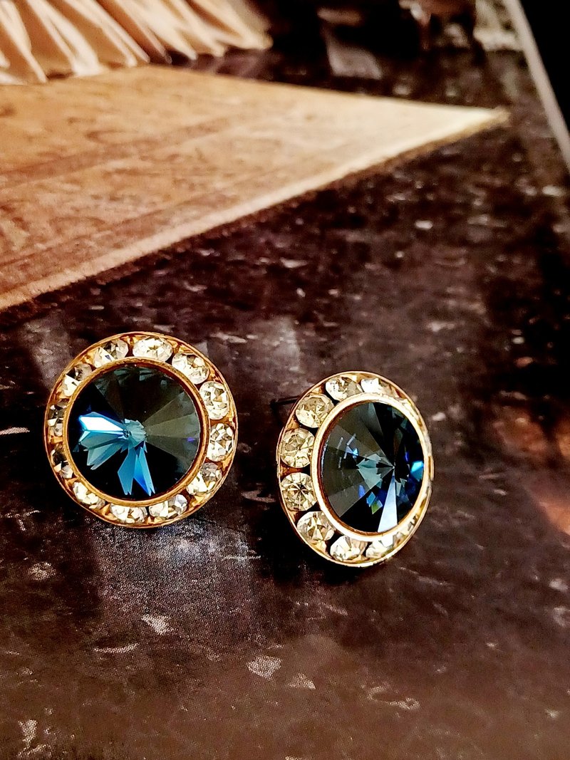 vintage jewelry  典雅深藍萊茵鑽 針式耳環 - 耳環/耳夾/耳骨夾 - 其他金屬 
