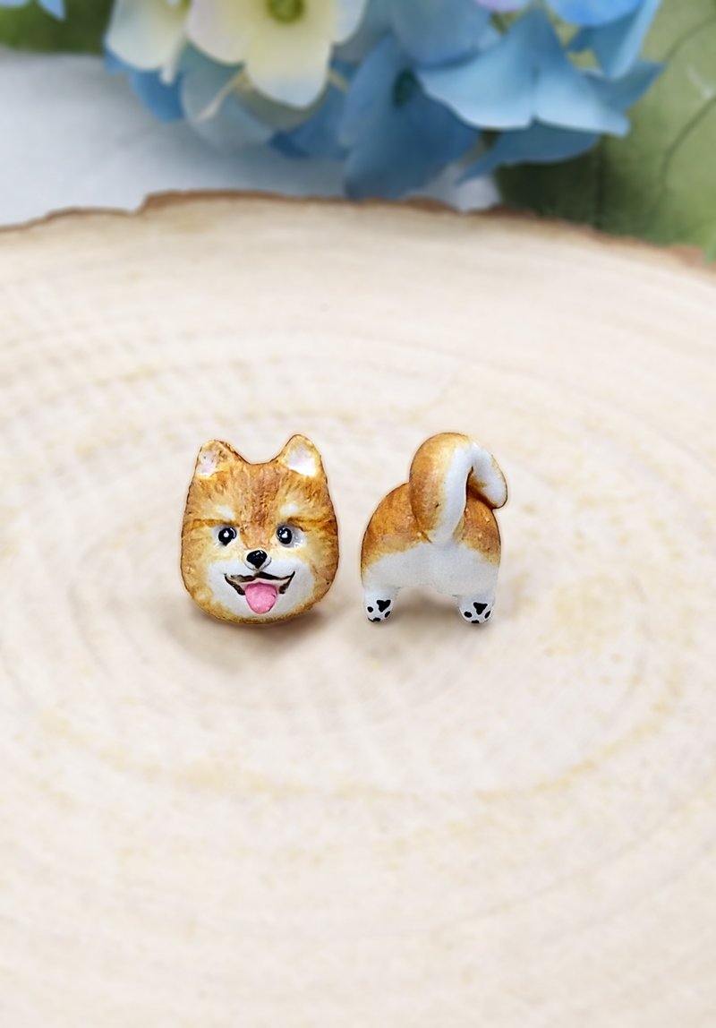 全手作 啡色 松鼠狗耳環 博美犬耳環 防敏感耳針 耳釘/耳夾 - 耳環/耳夾/耳骨夾 - 黏土 透明