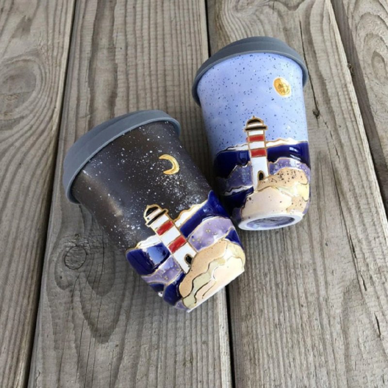 Double wall coffe cup, Double Layer mug, Mug with lid ceramic, travel coffee cup - 咖啡杯 - 陶 