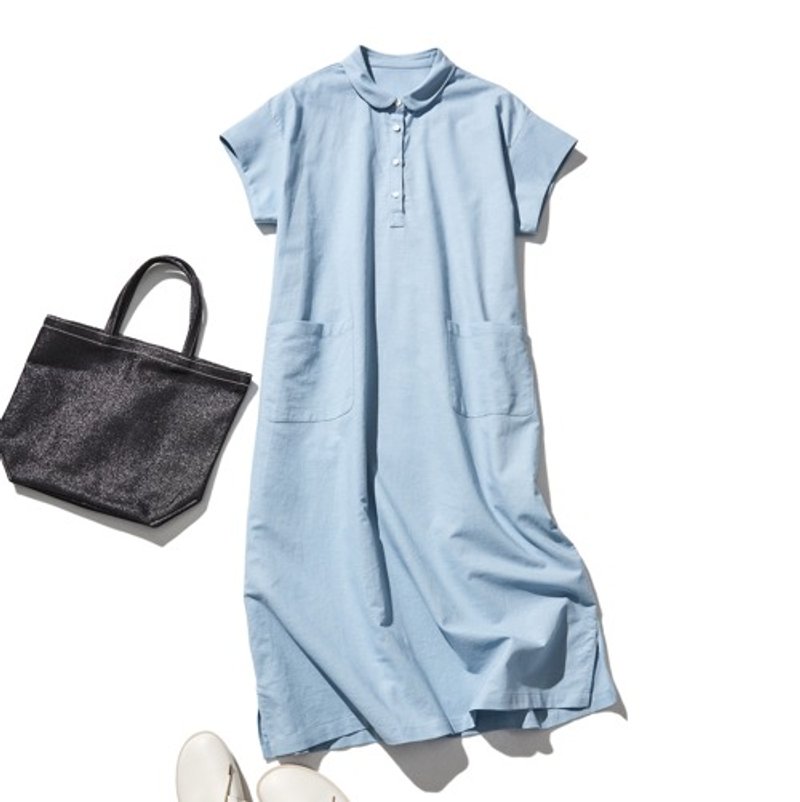 Not flashy, but a striking piece. Cotton Linen dress, marueli dress, short sleeves, pretty bright blue color, 210705-9 - One Piece Dresses - Cotton & Hemp 