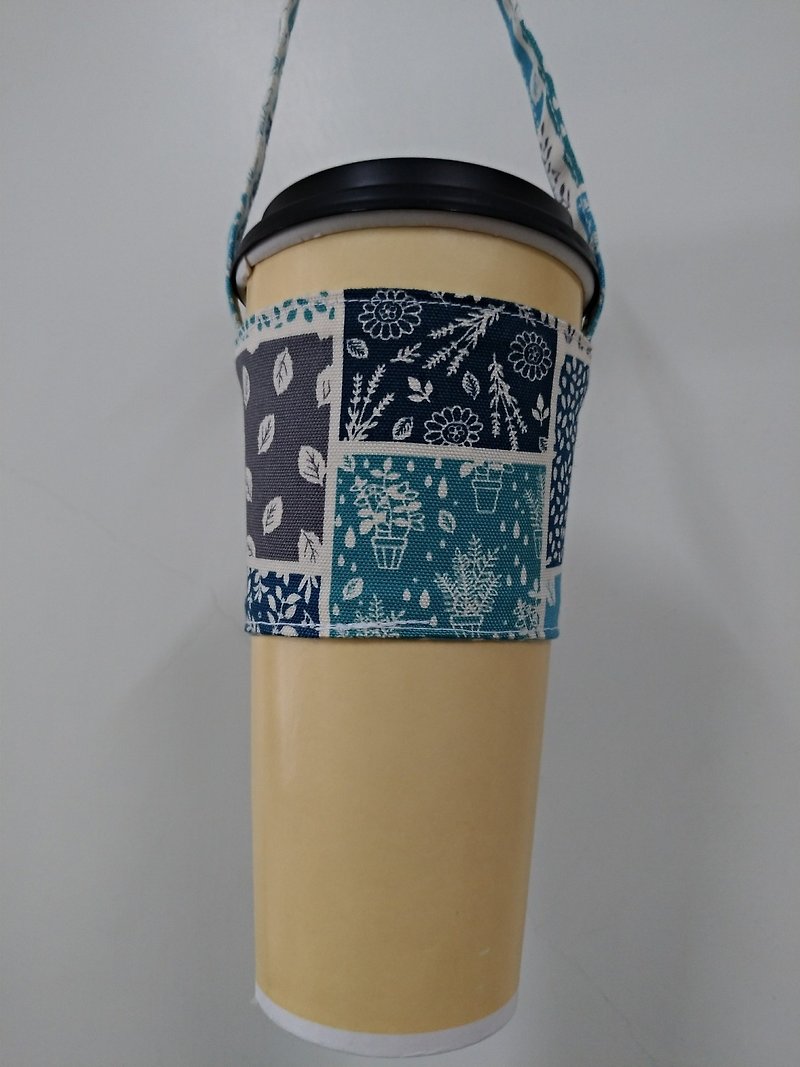 Drink Cup Set Eco Cup Set Hand Drink Bag Coffee Bag Tote Bag - Forest Wind (Blue) - Beverage Holders & Bags - Cotton & Hemp 