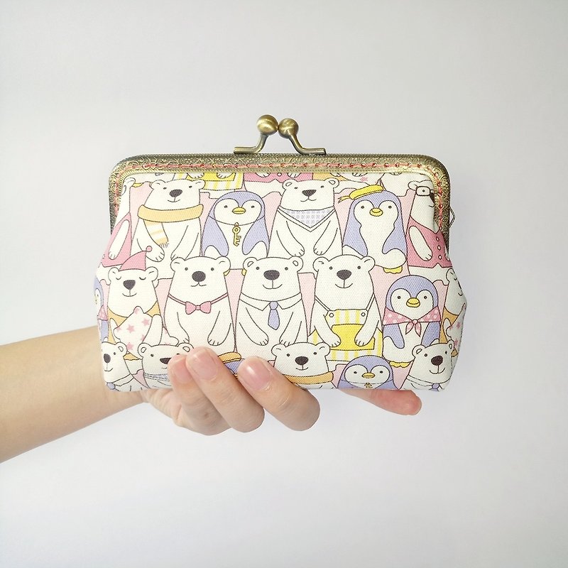 [Polar Bear Family - Powder] Gold Bag Coin Purse Clutch - Clutch Bags - Cotton & Hemp Pink