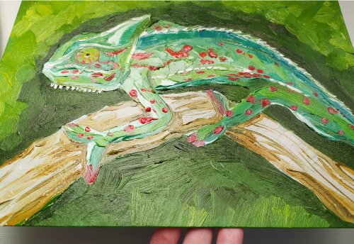 絵画　油絵　原画　動物　カメレオン　グリーン　アート　インテリア　F4 絵画 油絵 原画 動物 カメレオン グリーン アート インテリア F4
