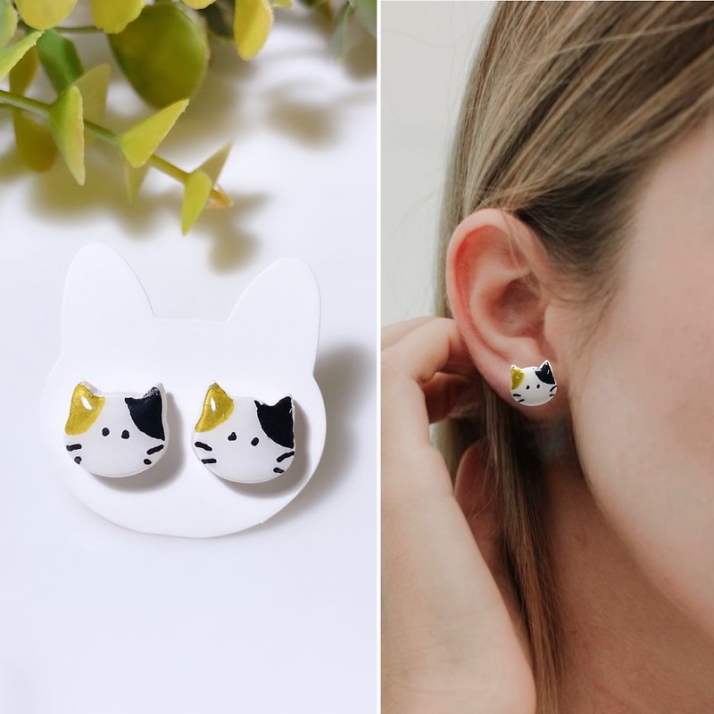 Handmade earrings, little fat cat. - 耳環/耳夾 - 黏土 白色