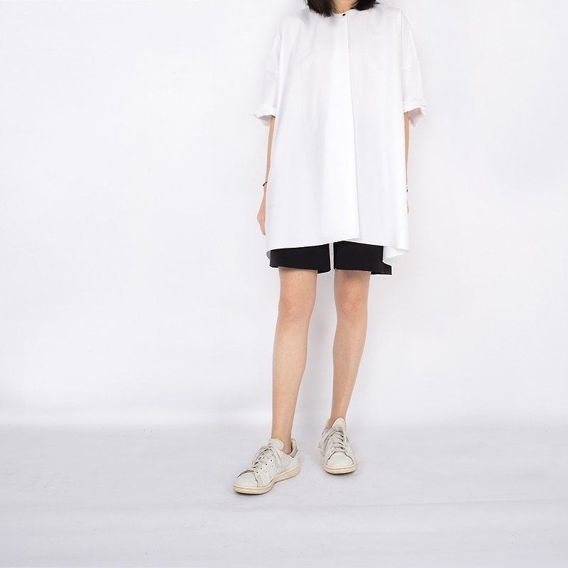 杲果GAOGUO原創設計師女裝品牌 寬松廓形七分袖圓領中長白襯衫 - 女襯衫 - 棉．麻 白色
