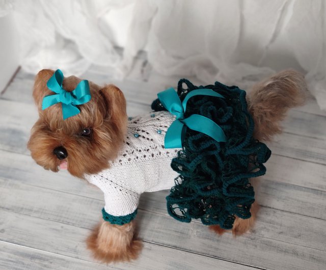 Girl dog clothes Emerald green and white knit dog sweater dress