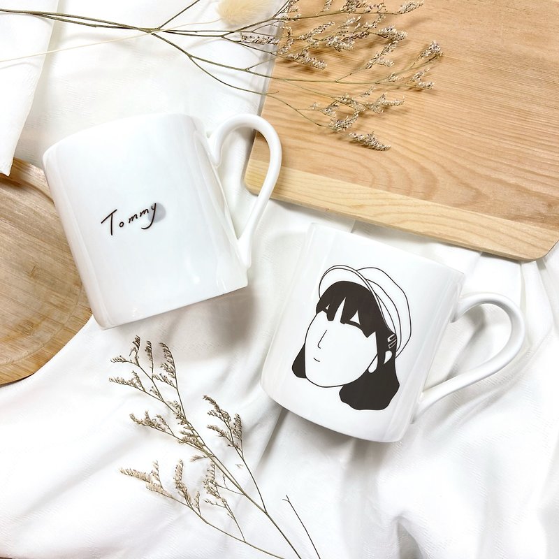 【Customized Gift】Customized hand-painted portrait + hand-written name mug pair - Mugs - Porcelain White