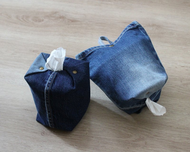 Denim Tissue Roll CASE Upcycling - กล่องทิชชู่ - ผ้าฝ้าย/ผ้าลินิน สีน้ำเงิน