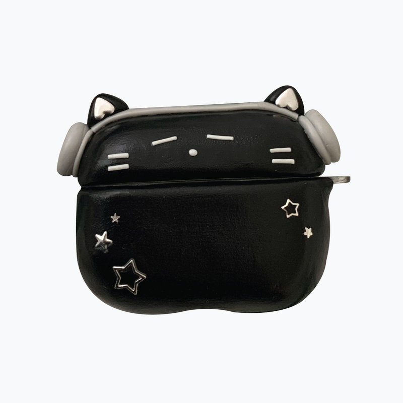 戴耳機的黑貓 韓國手工 AirPods 保護殼 - AirPods/耳機保護套 - 黏土 黑色