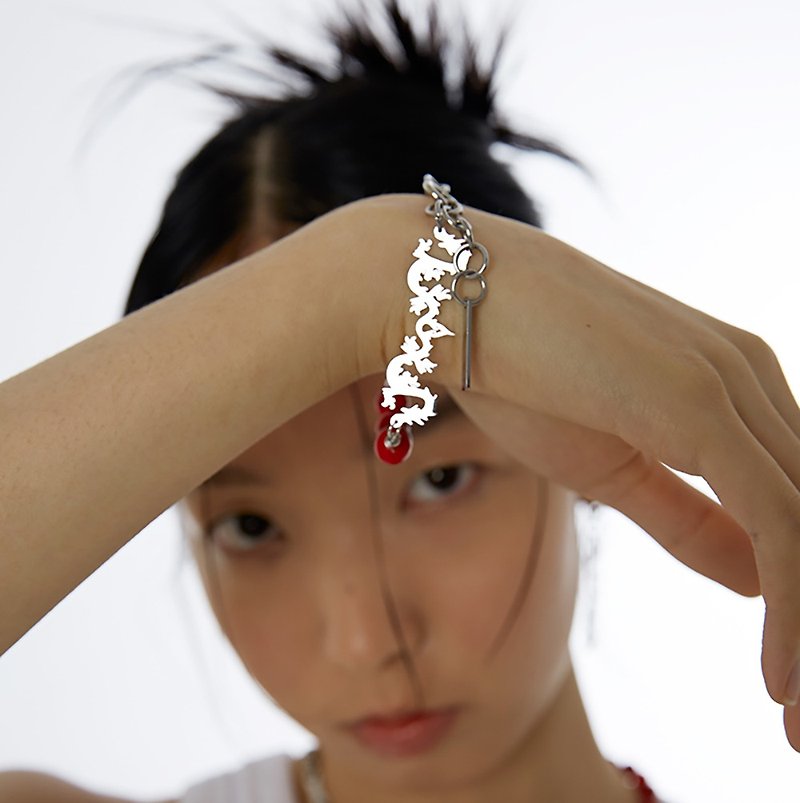 Double Happiness Dragon Totem Splicing Bracelet - สร้อยข้อมือ - เครื่องเพชรพลอย สีแดง