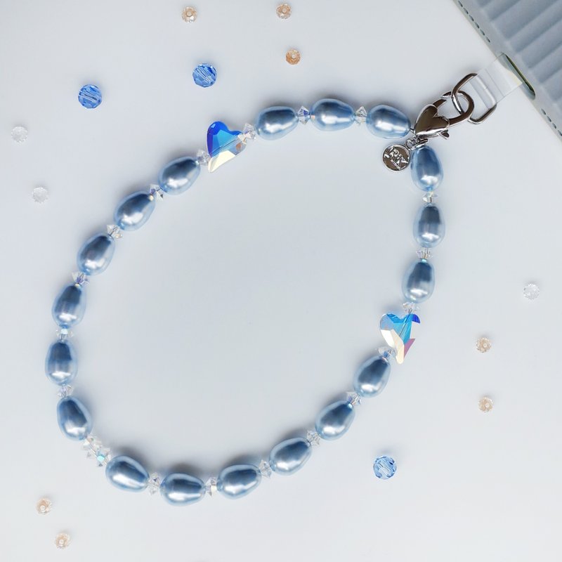 [Exclusive limited / only one piece] Austrian double love pink blue pearl crystal - design mobile phone strap - เชือก/สายคล้อง - คริสตัล สีน้ำเงิน