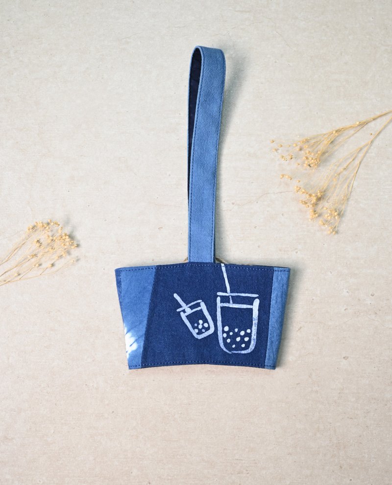 【記憶有限】藍染飲料提袋-珍奶系列 - 飲料提袋/杯套 - 棉．麻 藍色