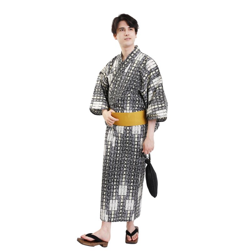 Men's cotton yukata and obi 2-piece set SML size Z32-12C yukata - Other - Cotton & Hemp Blue