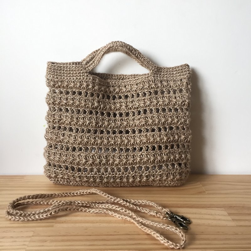 Woven Fabric - Twine Knit Shoulder Handle Small Flat Pack - Popcorn - Messenger Bags & Sling Bags - Cotton & Hemp Khaki