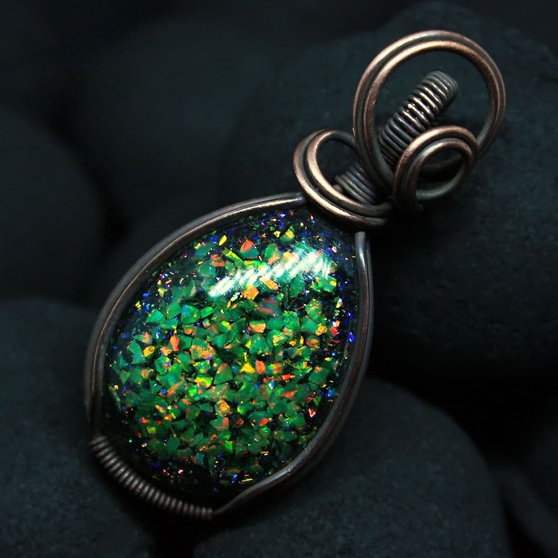 Copper blue opal pendant. Laboratory opals in copper wire. Mosaic Opal necklace