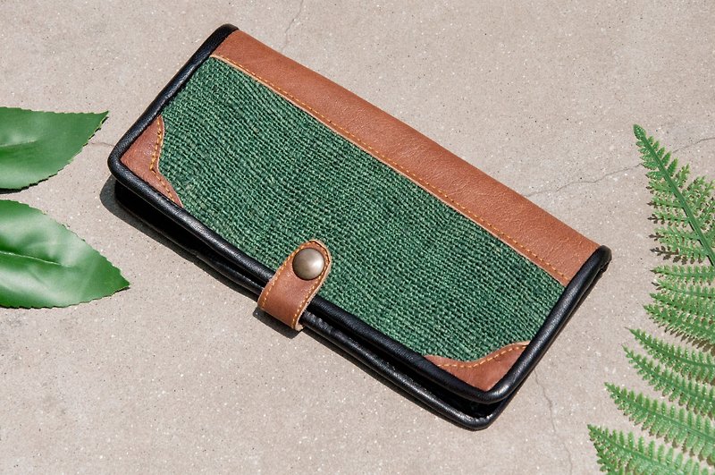 Handmade cotton Linen wallet / long knit stitching leather folder / long wallet / purse / wallet woven - green grassland - Wallets - Genuine Leather Green