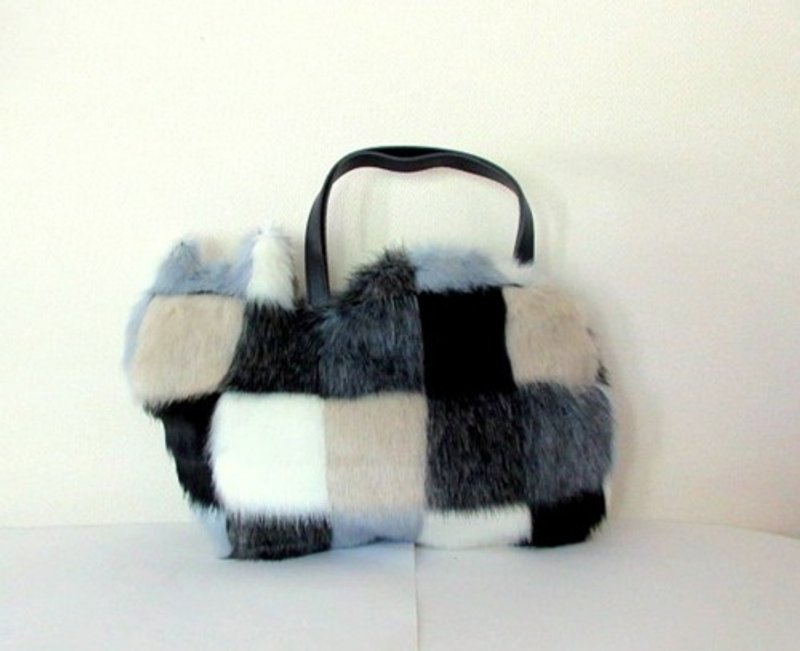 Cat eco fur bag * Monotone check - Handbags & Totes - Cotton & Hemp 