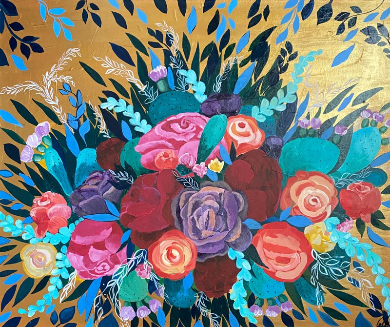 仙人掌和玫瑰 抽象花朵 帆布上的原創丙烯畫 牆壁裝飾理念 - 壁貼/牆壁裝飾 - 其他材質 金色